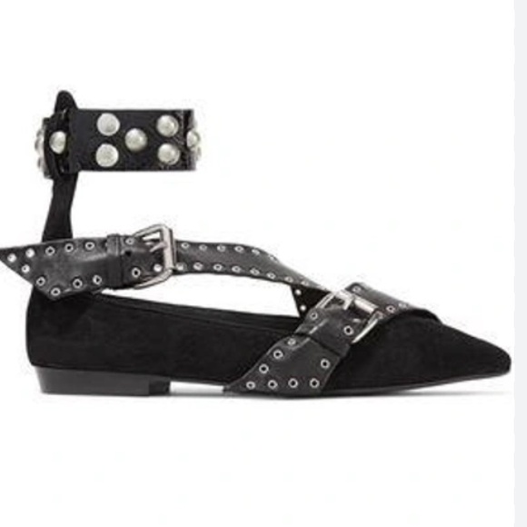 NIB Isabel Marant Italy Linzy Black Goat Lamb Calf Leather Grommet Flats 41 - Picture 1 of 10